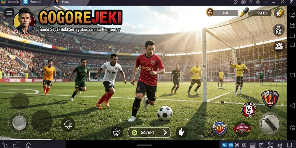 Tampilan gameplay seru dalam GOGOREJEKI dengan aksi sepak bola mendebarkan.