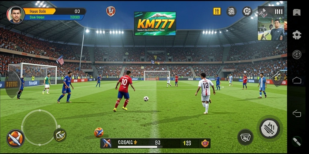 Tampilan gameplay KM777 dengan aksi sepak bola yang mendebarkan.