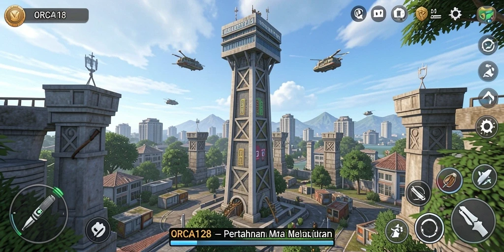 Screenshot gameplay ORCA128 menampilkan aksi pertahanan menara yang mendebarkan.